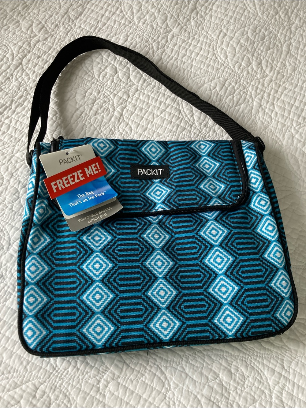 PackIt Blue Geometric Freezable Insulated Travel Saddle Lunch Bag